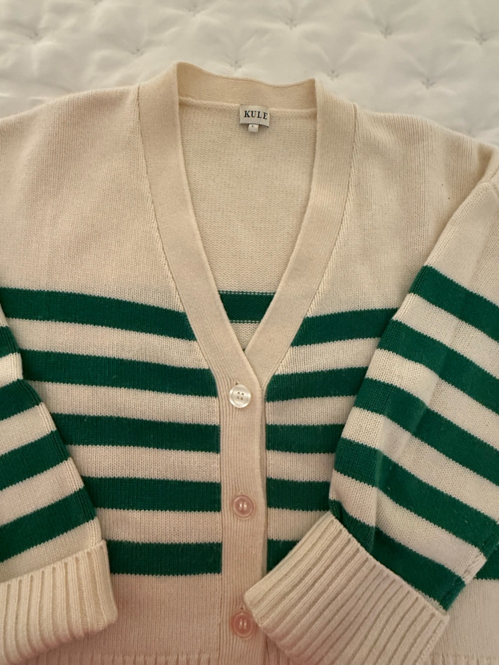 KULE Cream Cardigan with Green Stripe Detail